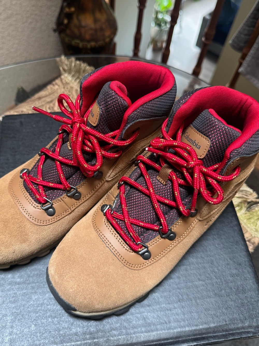 Columbia Men’s Tan Suede Hiking Boots with Red Accents